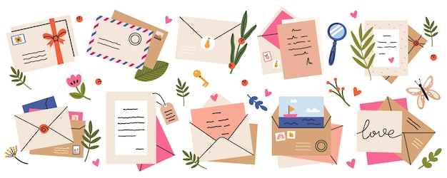 Mail envelopes. Post cards, envelopes, post stamps, craft paper letters and mail envelopes