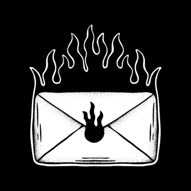 Mail icon flaming art Illustration hand drawn black and white vector for tattoo, sticker, logo etc