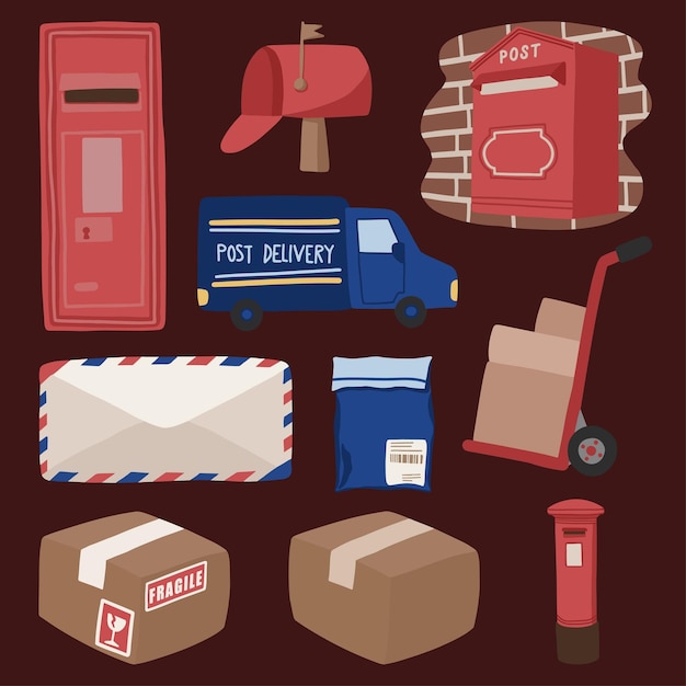 Vector mail and postal worker cute hand drawn illustration set