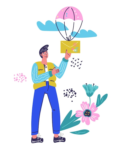 Mail service and correspondence delivery concept with man holding letter or email message Mail notification and SMS sending in social network or online chat Vector illustration isolated