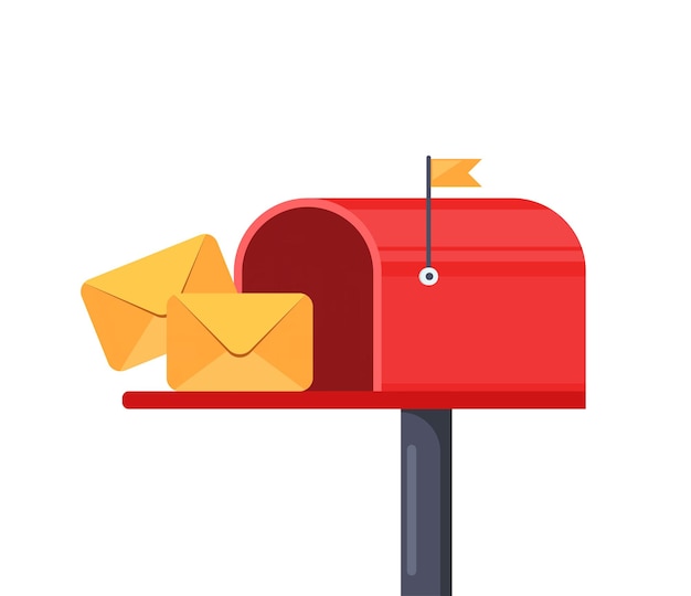 Mailbox with a raised flag with an open door and letters inside Red post box with envelope