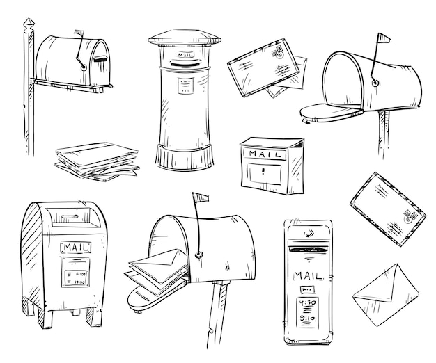 Mailboxes and letters, vector sketch, EPS 10 format, fully editable