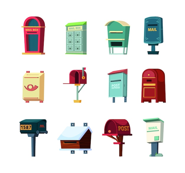 Mailboxes Post box for correspond letters delivery individual numeric containers for receiving correspondence garish vector illustrations