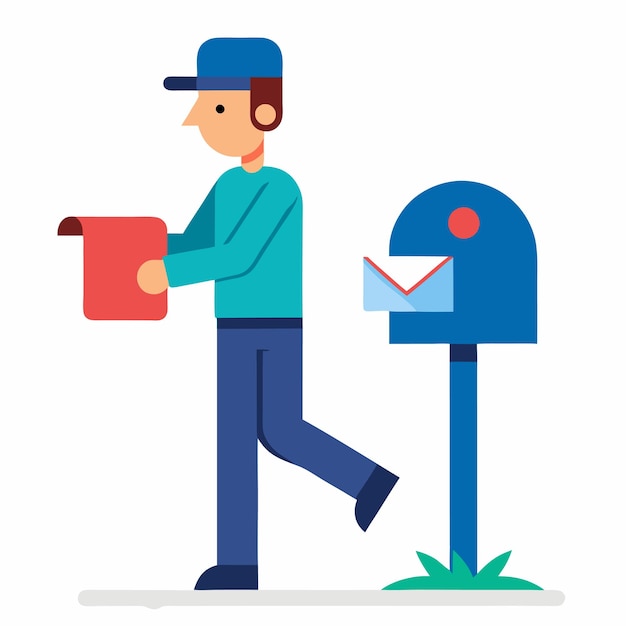 Vector mailman delivering letters to a mailbox peaceful vector illustration of a quiet neighborhood street