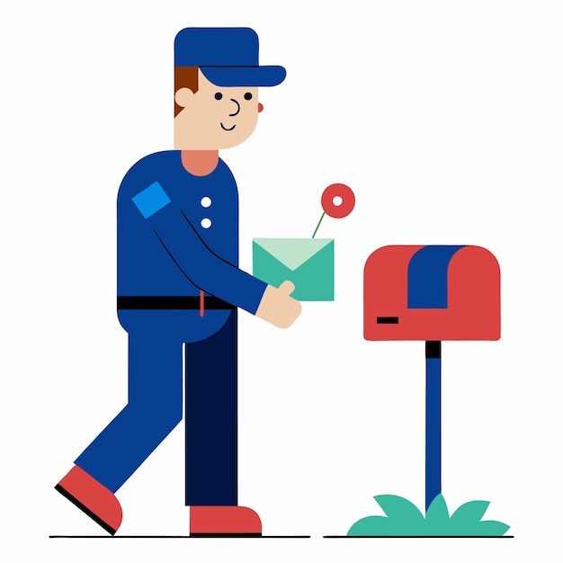 Vector mailman delivering letters to a mailbox peaceful vector illustration of a quiet neighborhood street