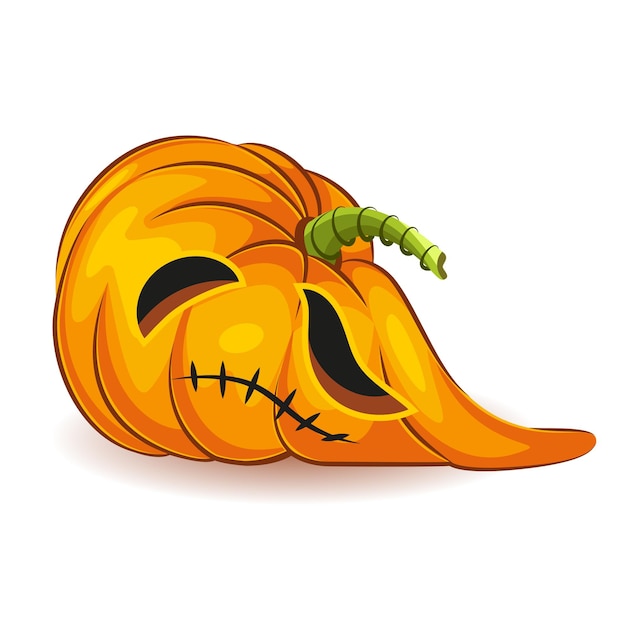 The main symbol of the Happy Halloween holiday. Orange unusual funny pumpkin with smile spread across the floor for your design for the holiday Halloween on white background. Vector illustration.