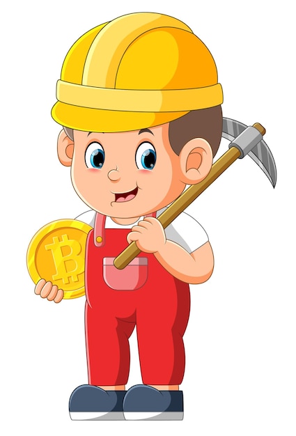 The mainer is holding the pick axe and holding the golden bitcoin