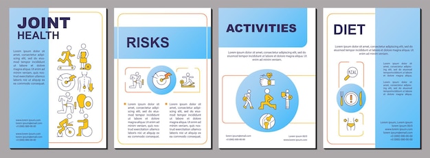 Maintaining healthy joints blue brochure template Diet and exercises Leaflet design with linear icons 4 vector layouts for presentation annual reports Arial Myriad ProRegular fonts used