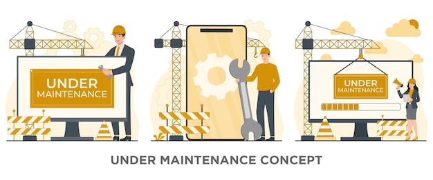 Vector under maintenance concept set error website development and update website under construction