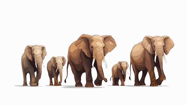 Vector majestic asian elephants with beautiful tusks walking in line