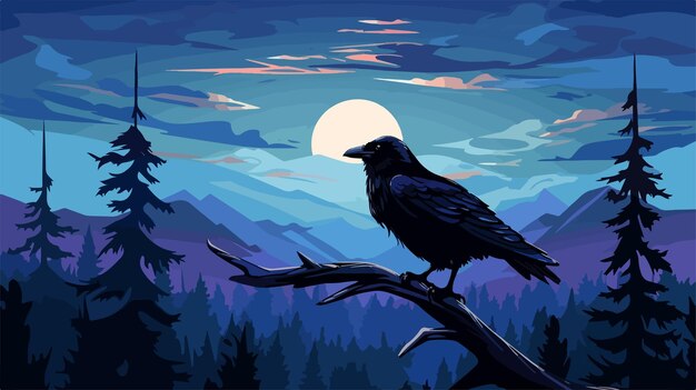 Vector majestic black crow perched on tree branch