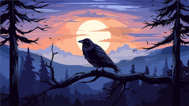 Vector majestic black crow perched on tree branch