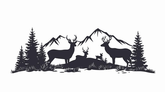 Vector majestic black silhouette of wild deer family in enchanted forest