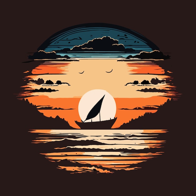 Majestic Boat Sunset TShirt Design Illustration