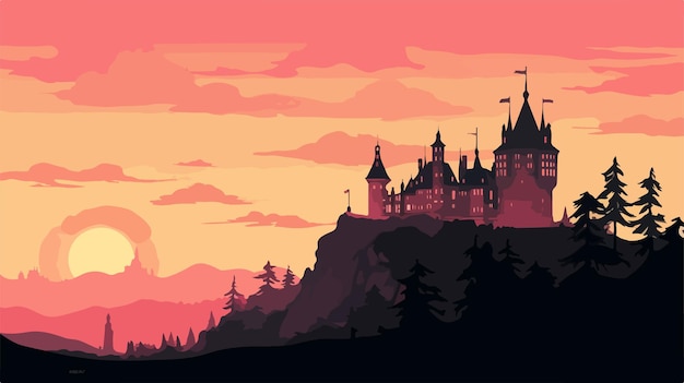 Vector majestic castle silhouette on sunset hill flat vector illustration