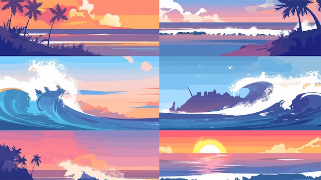 Vector majestic collection of storm sun and ocean waves