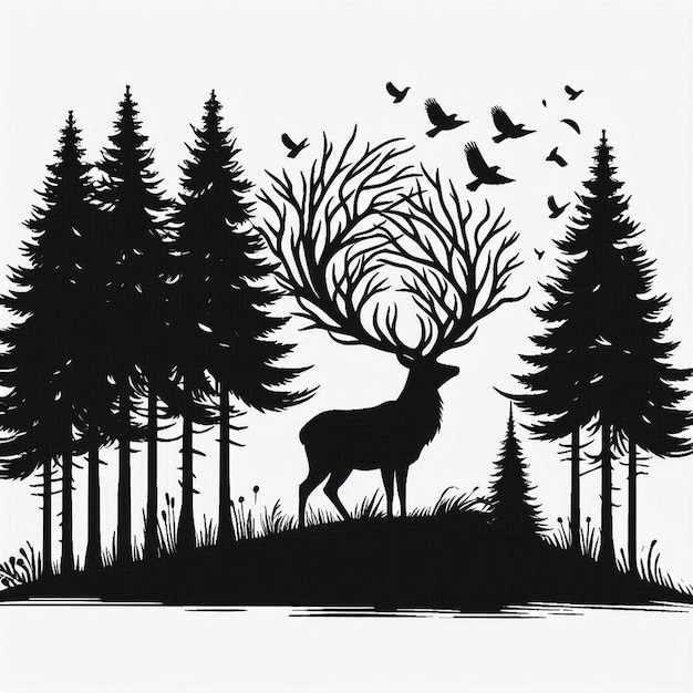 Vector majestic deer standing on a hill surrounded by tall pine trees black and white silhouette