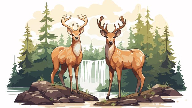 Vector majestic deer standing in lush forest beside cascading waterfall