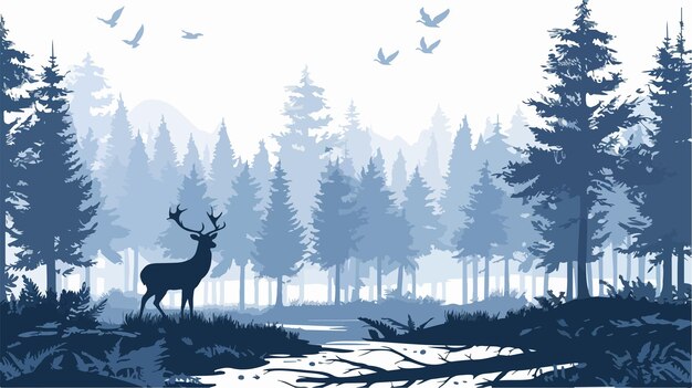 Vector majestic forest trees silhouettes with deer animal and duck