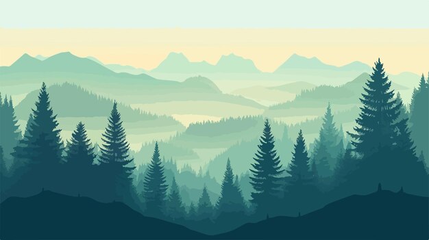 Vector majestic green forest silhouette against mountains