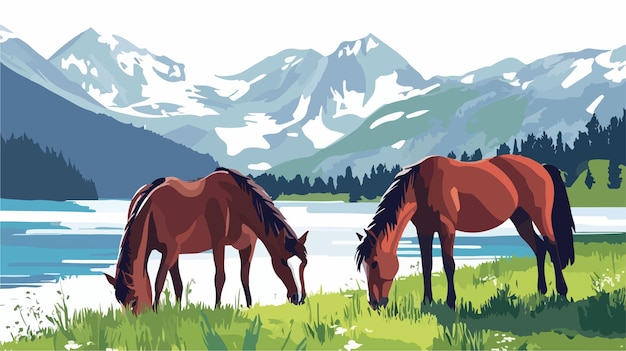 Vector majestic horses grazing on mountain lake shore