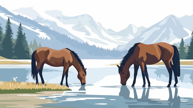 Vector majestic horses grazing on mountain lake shore