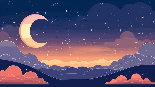 Vector majestic landscape with moonlit sky and clouds