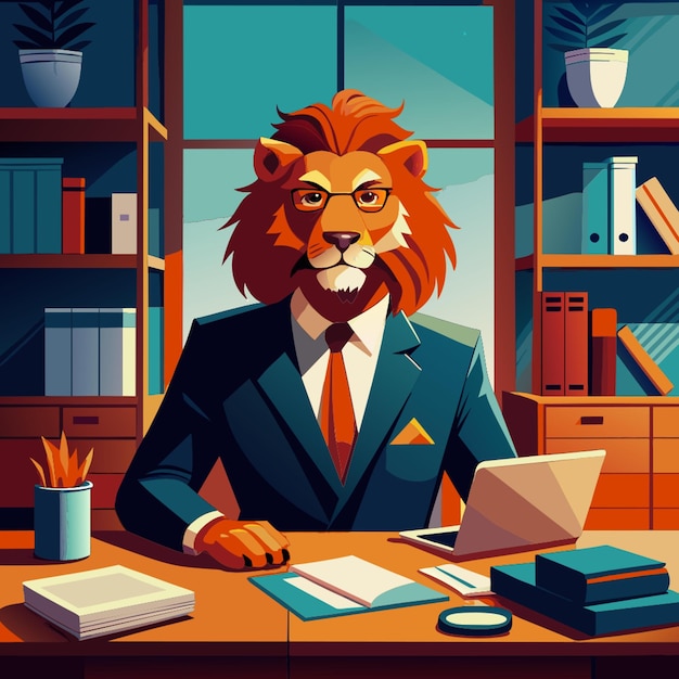 Vector a majestic lion is sitting at a large wooden desk in a sophisticated office the lion is wearing