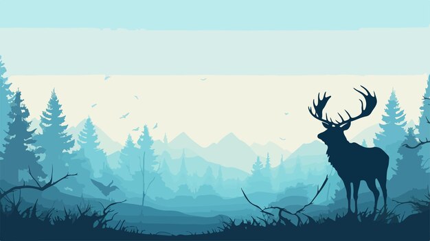 Vector majestic moose in horizontal forest landscape banner