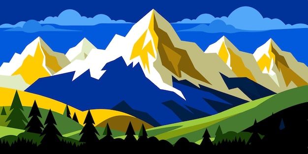 Vector majestic mountain range against a sky with colorful peaks