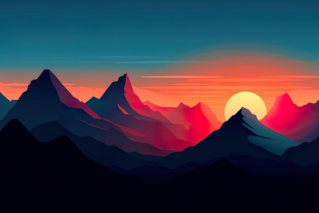 Vector majestic mountain range during sunrise flat vector illustration