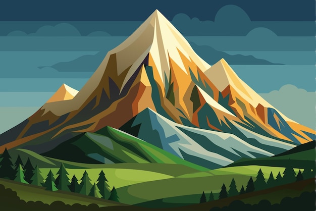 Vector majestic mountain range with snowcapped peak and verdant foothills