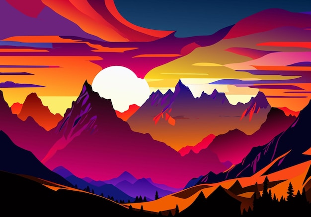 majestic mountains cast silhouette against vibrant sunset