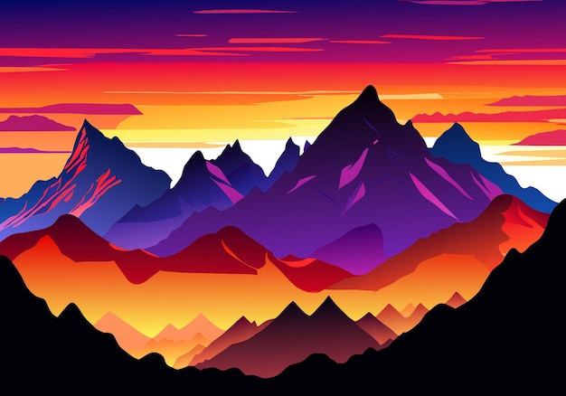 majestic mountains cast silhouette against vibrant sunset