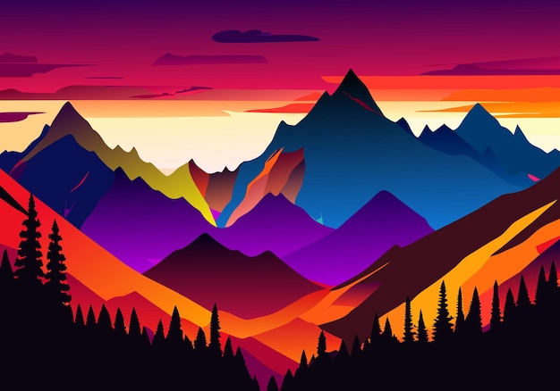 majestic mountains cast silhouette against vibrant sunset