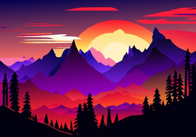 majestic mountains cast silhouette against vibrant sunset