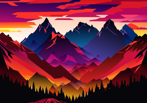 majestic mountains cast silhouette against vibrant sunset