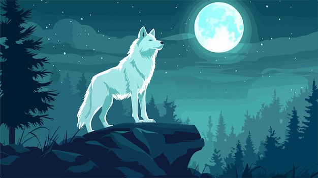 Vector majestic night wolf under the moonlight vector illustration