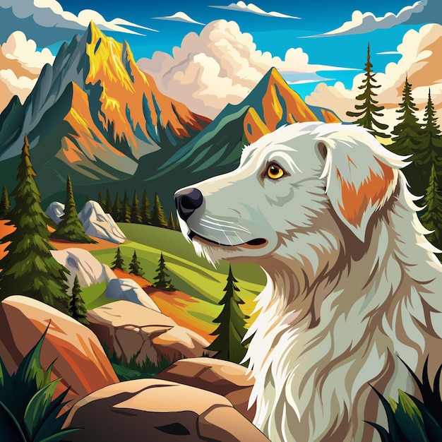 Vector majestic portrait vector art of kuvasz dog in mountain scenery