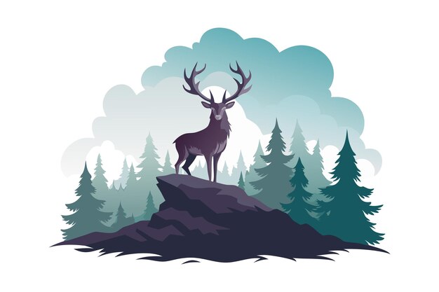 Vector majestic stag standing on a rocky cliff in a pine forest illustration