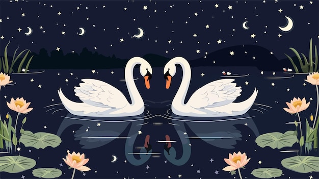 Vector majestic swan pair swimming on night lake with stars and water lilies