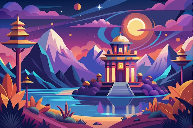 A Majestic Temple on a Serene Mountain Lake at Night