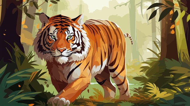 Vector majestic tiger wildlife illustration in lush forest environment