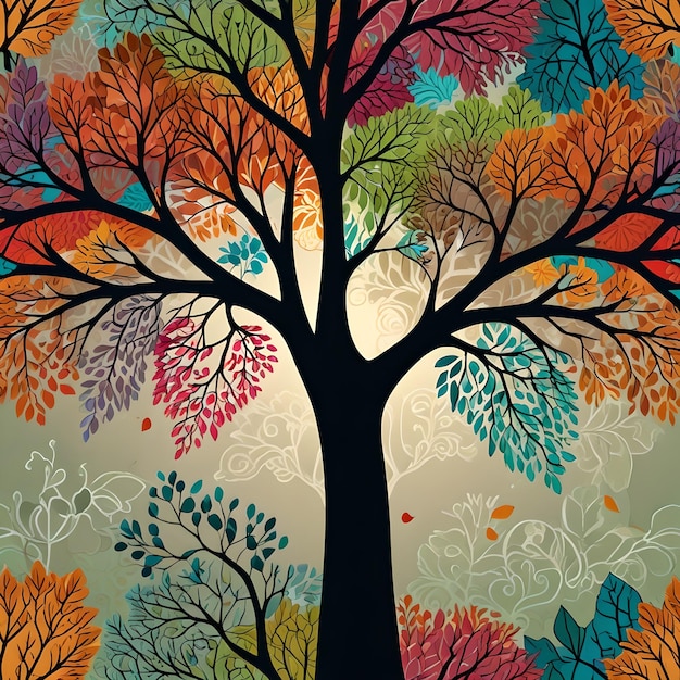 Vector a majestic tree with intricate branches and vibrant leaves rendered in a whimsical vector style