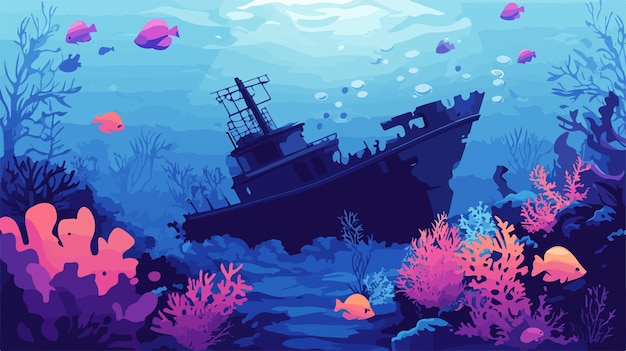 Vector majestic underwater shipwreck with vibrant coral reef surroundings