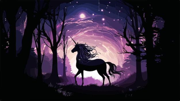 Vector majestic unicorn silhouette against full moon on black background