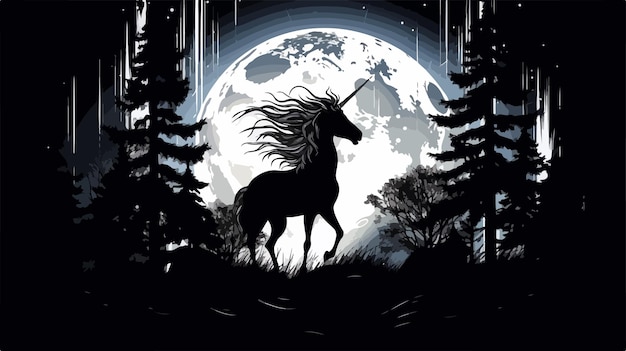 Majestic Unicorn Silhouette Against Full Moon on Black Background