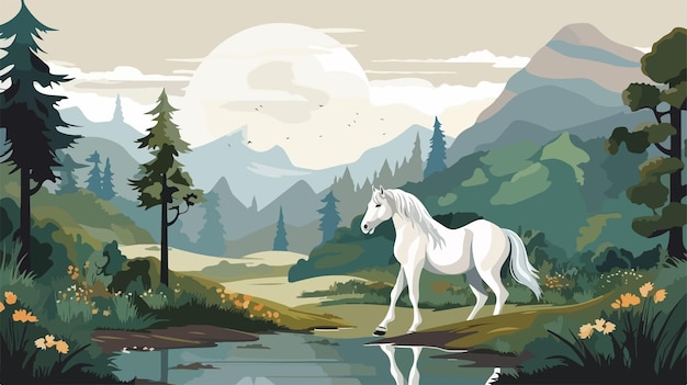 Vector majestic white horse grazing in enchanting bolu forest turkey