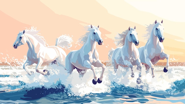 Vector majestic white horses galloping on wavy terrain