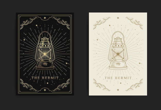 Major arcana card with a lantern image symbolizing the hermit, with engraving, luxury, esoteric, boho, spiritual, geometric, astrology, magic themes, for tarot reader card. Premium Vector